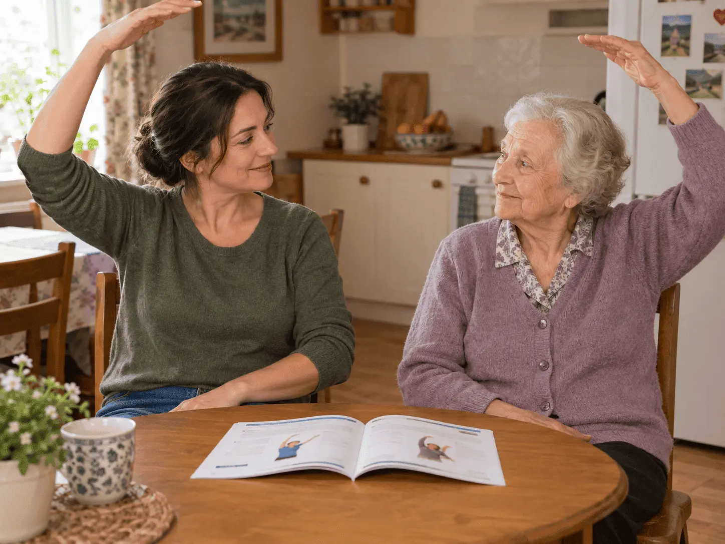 A daughter and her elderly mother seated side by side, mirroring the same slow arm movement, a printed booklet on the table
