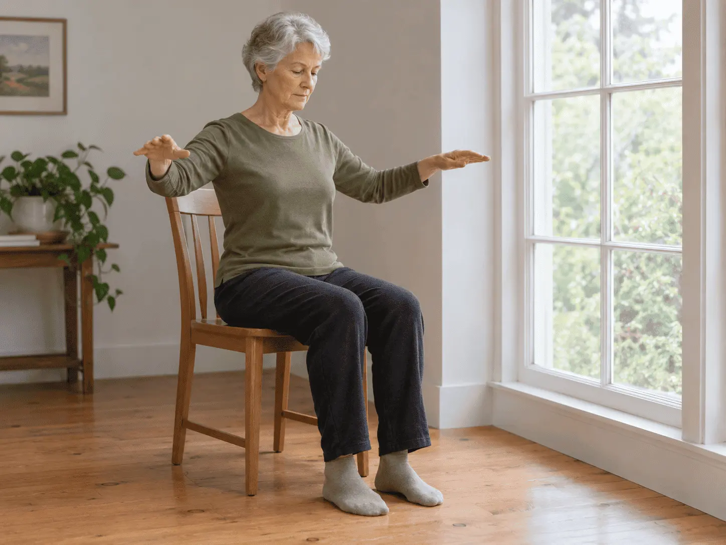 A woman in her seventies seated on a wooden chair by a window, both arms raised in a slow flowing movement