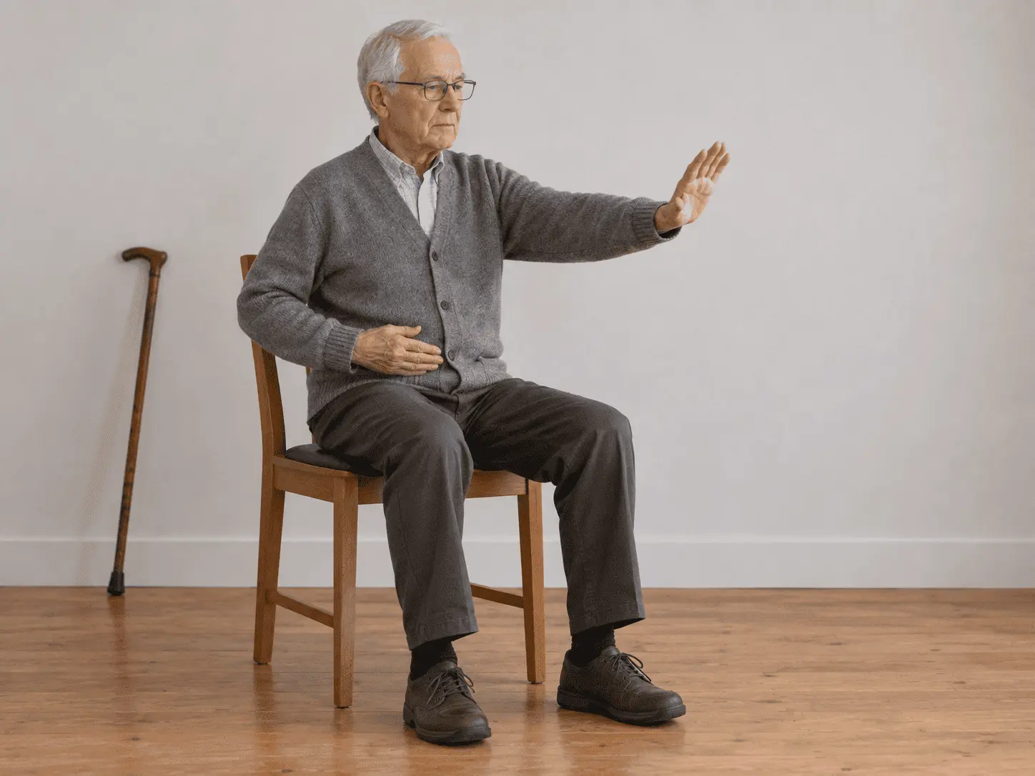 A man in his late seventies seated on a firm chair, one palm pressing slowly forward, feet flat on the floor