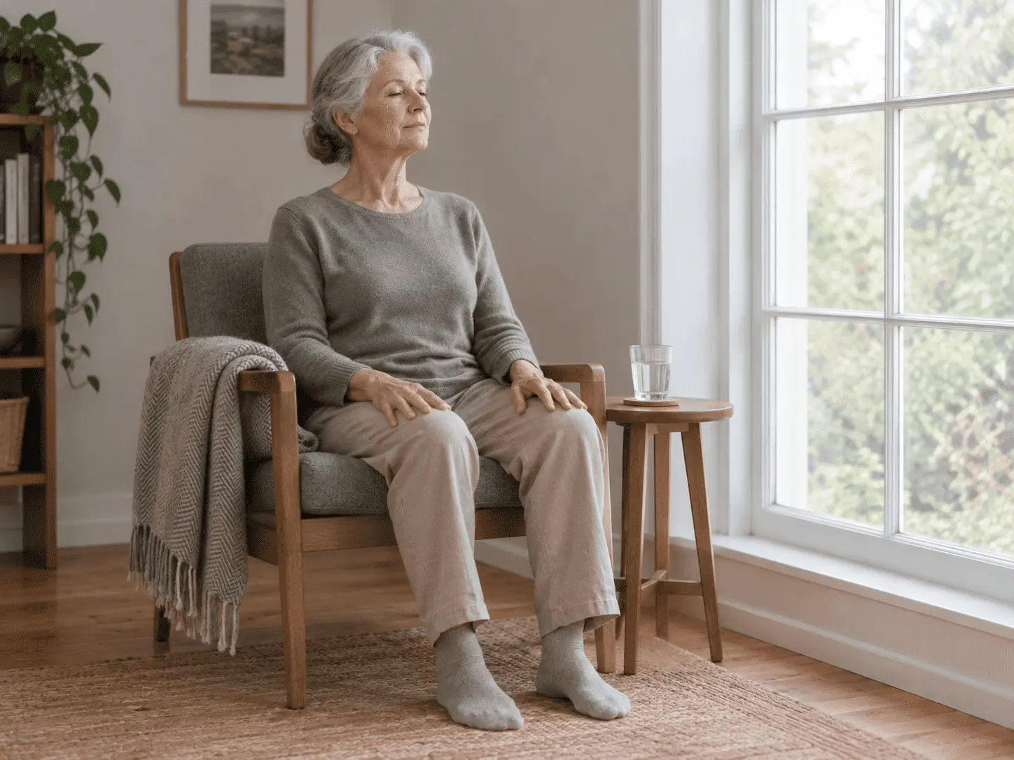 A woman in her sixties seated by a window, hands resting open on her thighs, mid-breath